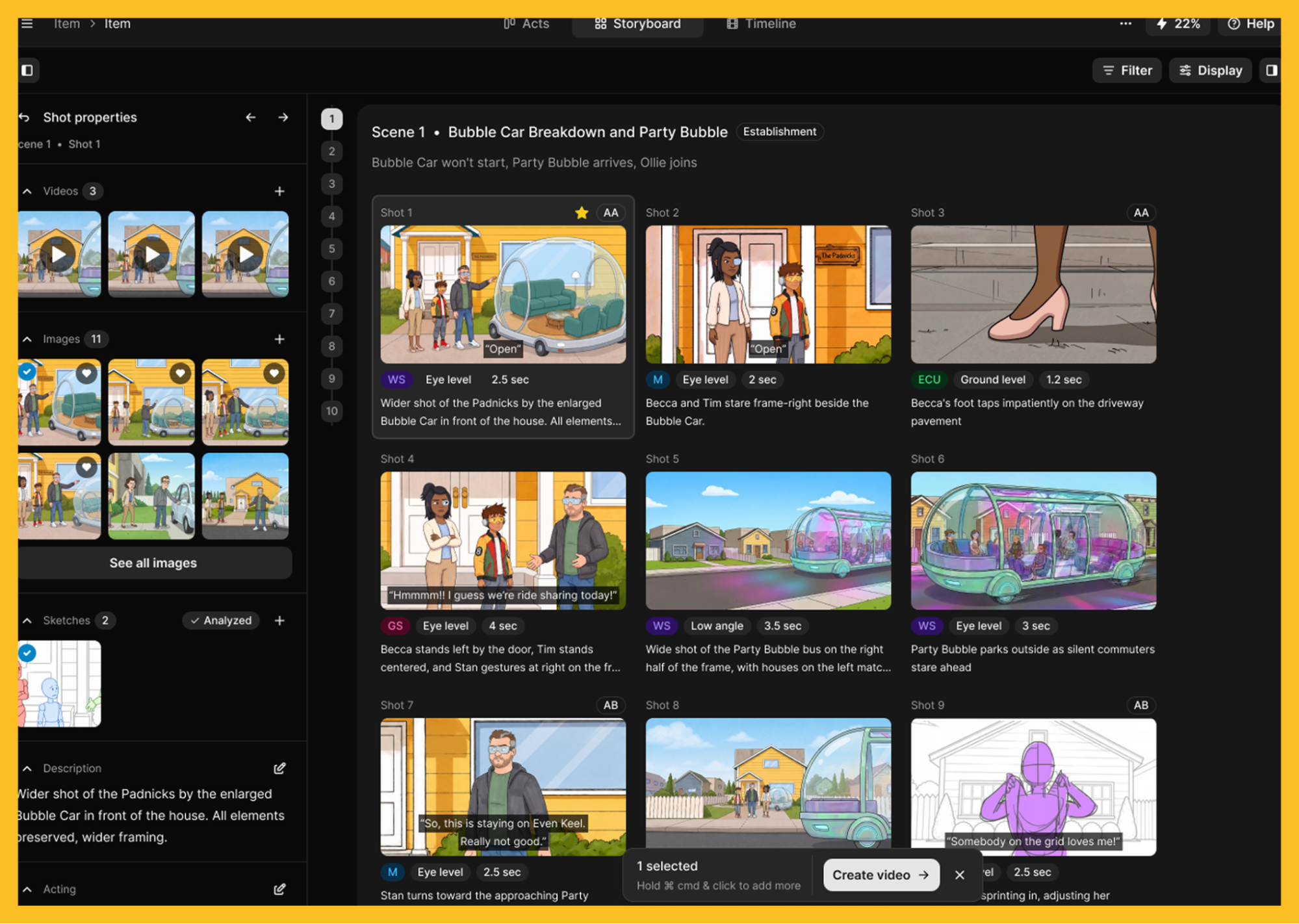 Studio Jadu’s AIDA workbench showing a scene broken down shot by shot, with per-shot properties, sketches, and generated images